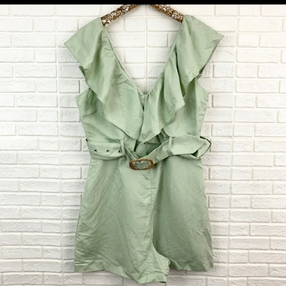 Topshop riviera‎ ruffle frill romper mint green linen belt retro size 8 - Picture 3 of 11